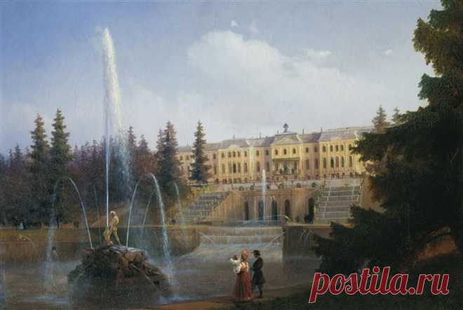 View of the Big Cascade in Petergof and the Great Palace of Petergof, 1837 /  Original Title: Вид на Большой каскад в Петергофе  - Ivan Aivazovsky - WikiArt.org