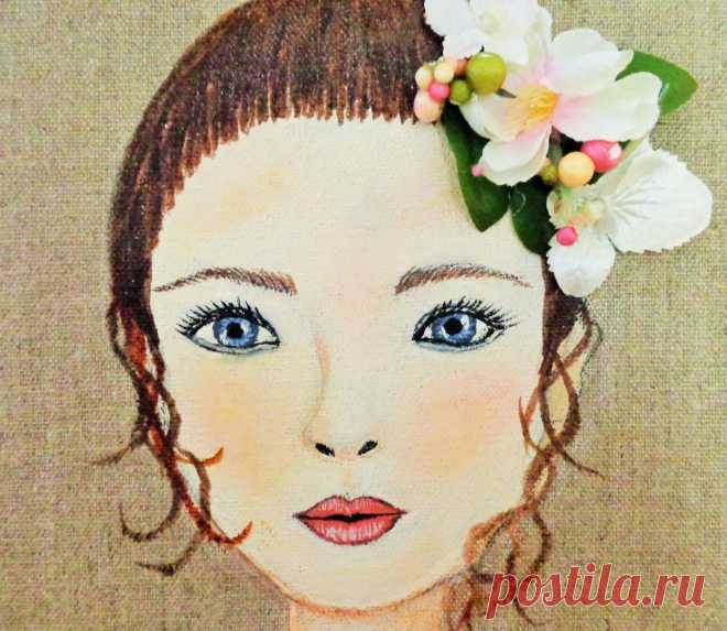 Mixed Media Girl with Flowers Wall Art. Brown от MidorisMyMuse