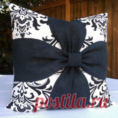 Burlap Bow Black & White Damask pillow cover 18x18