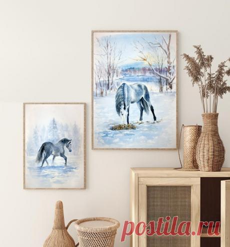 Christmas printable wall art set of 2 Watercolor Horse | Etsy