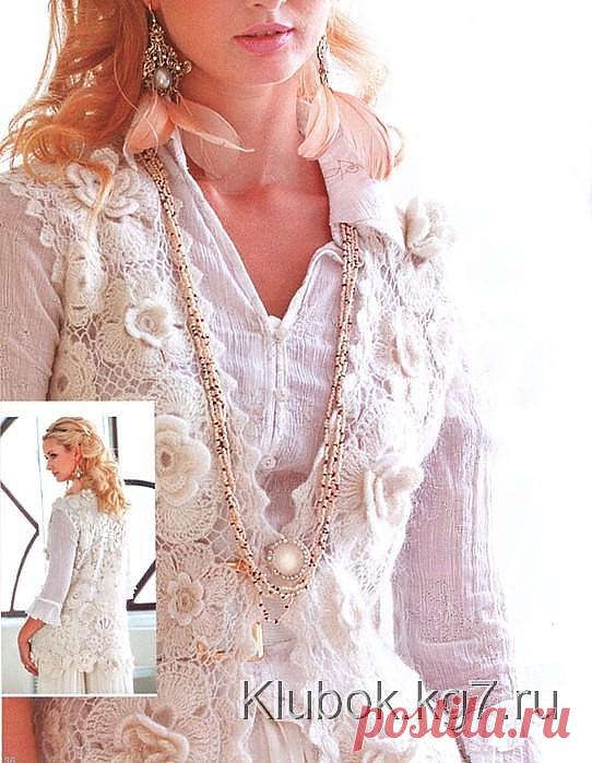 Жилет с цветами крючком (техника сцепного гипюра)