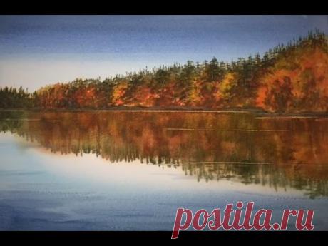 Рисуем Елки, Отражения акварелью.Осень в Швеции.  Autumn in Sweden- Reflections, watercolour