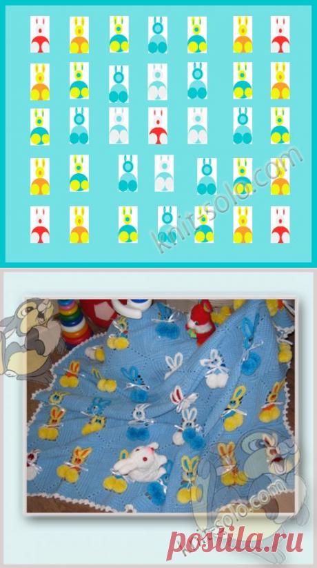 Вязаный крючком детский плед с зайками (зайки на голубом фоне).