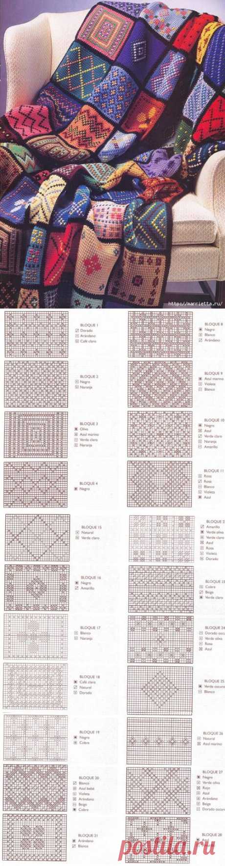 Теплый плед крючком из остатков ниток, с интересной вышивкой