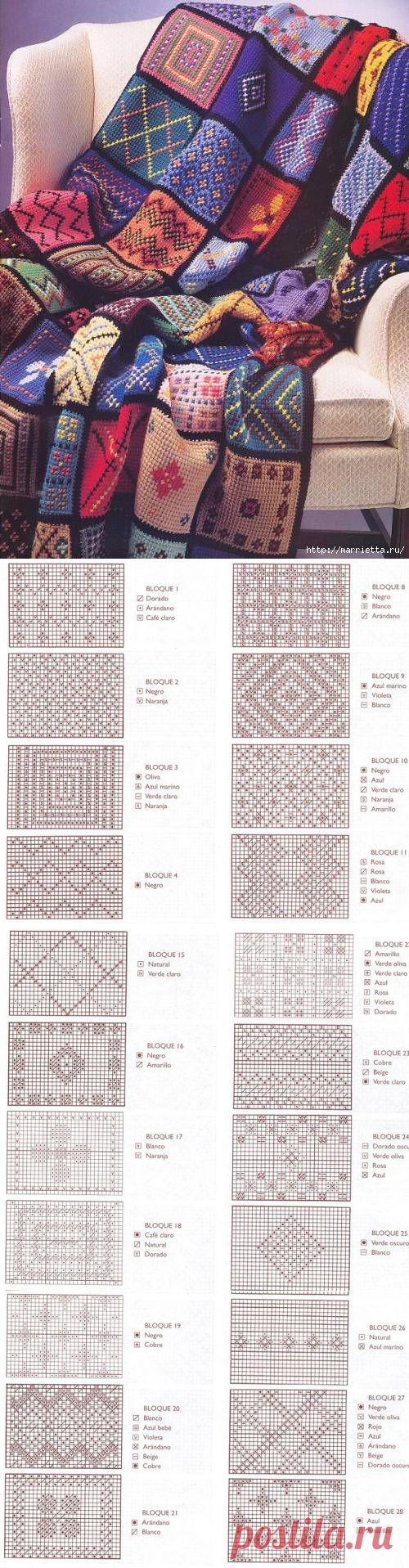 Теплый плед крючком из остатков ниток, с интересной вышивкой