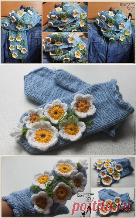 Купить АКЦИЯ !!! 1500 руб шарф!ДИЗАЙНЕРСКИЙ ШАРФ &quot;РОМАШКИ&quot; - голубой, цветочный, шарф, варежки