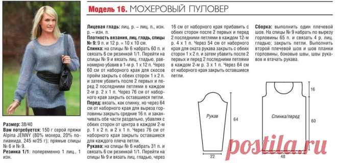 Голубой вязаный пуловер из мохера спицами
