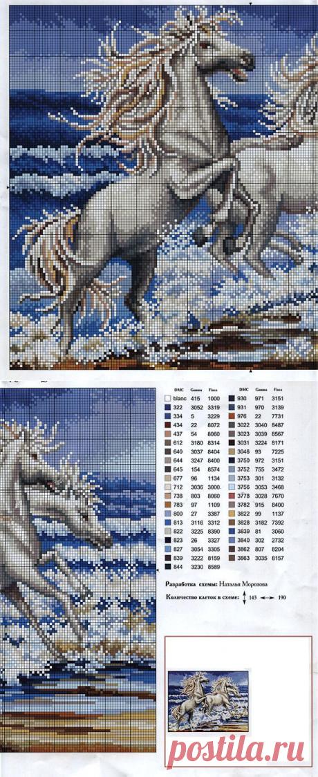 Лошади у моря.(вышивка).