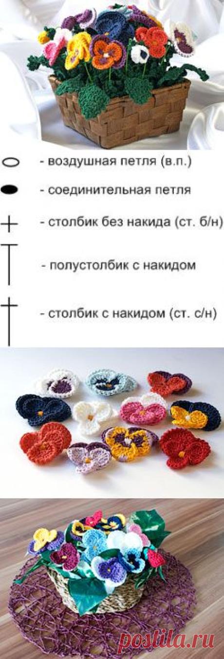 Вязаные цветы: композиция «Анютины глазки» - Вещи для дома и интерьера - Схемы вязания - Авторский проект Натальи Грухиной