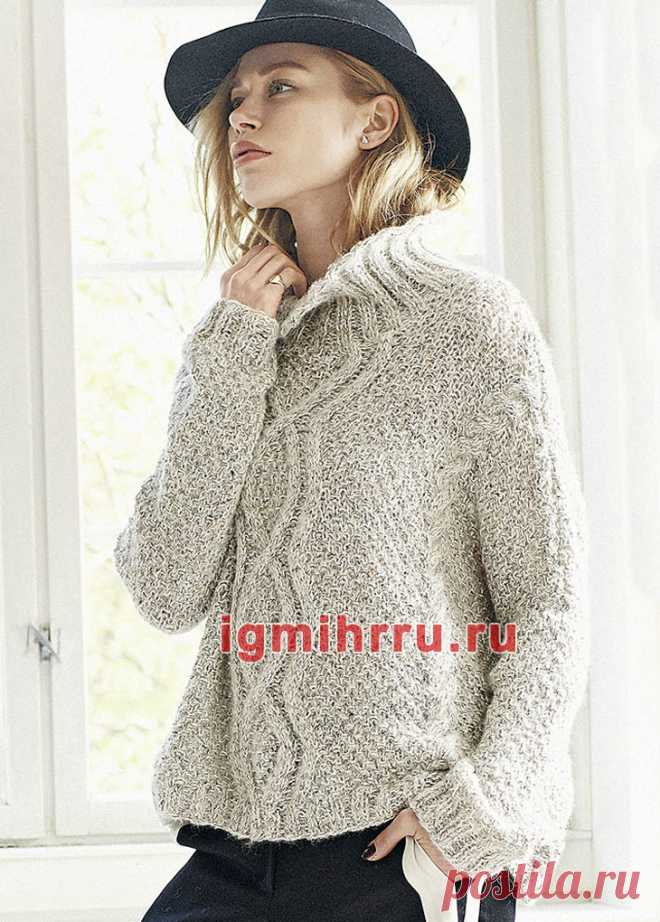 СВИТЕР-ОВЕРСАЙЗ С КРУПНЫМ АРАНОВЫМ УЗОРОМ. Вязание спицами