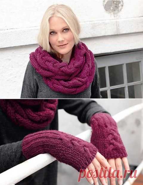 Шарф-снуд и митенки, вязанные узором "косы" | HandMade