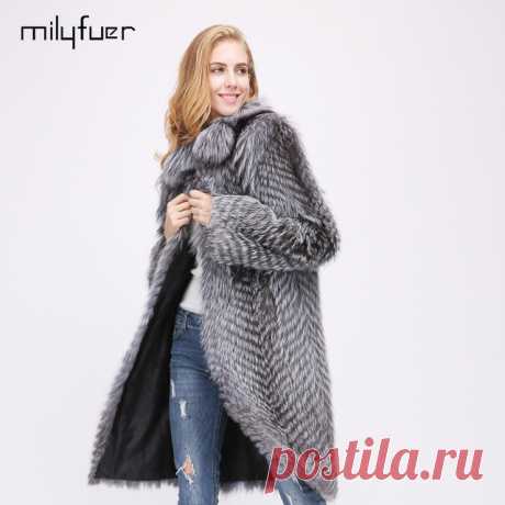 Milyfuer натуральным лисьим Мех животных Пальто для будущих мам Для женщин длинные Silver Fox Мех животных куртка осень зима толстые Обувь на теплом меху полосы шили вместе повседневные пальто купить на AliExpress