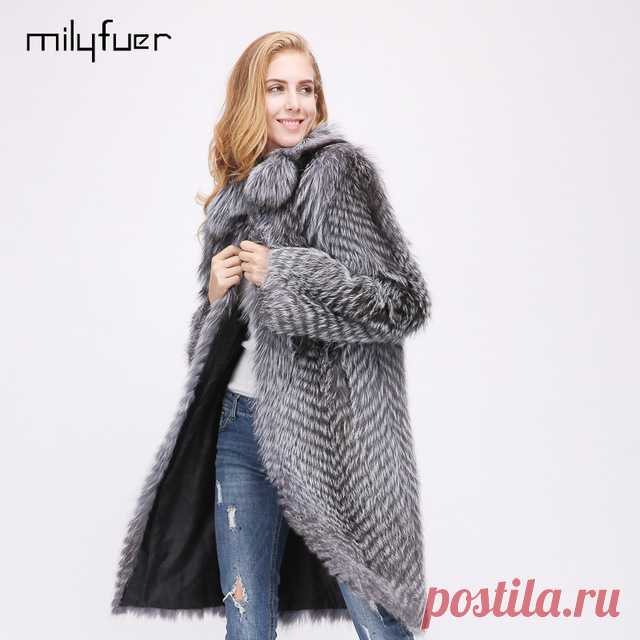 Milyfuer натуральным лисьим Мех животных Пальто для будущих мам Для женщин длинные Silver Fox Мех животных куртка осень зима толстые Обувь на теплом меху полосы шили вместе повседневные пальто купить на AliExpress