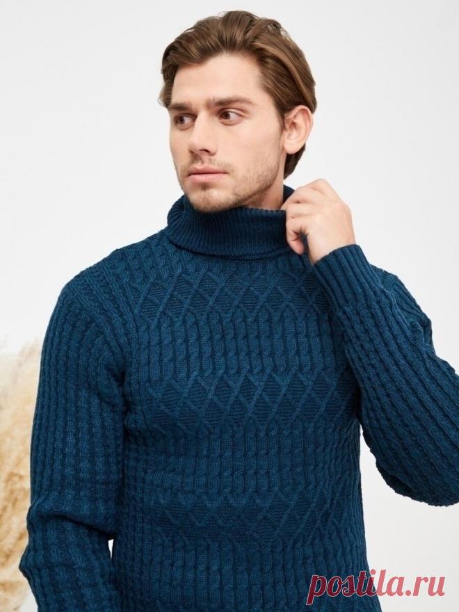 Вяжем спицами теплый мужской свитер с воротником-гольф
