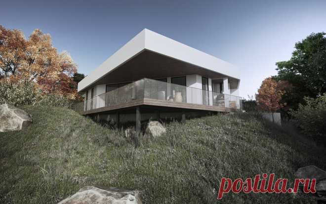 Аскетичные 140 квадратных метров современного дома на каменистом склоне над рекой. Треугольный объем здания был создан в диалоге с клиентом, которому нравятся острые формы, открытая планировка, лаконичность и простота. С нависающей террасы, на которой расположена печь для пиццы и большой стол открывается шикарная панорама реки.
Со стороны улицы дом закрыт от посторонних глаз внутренним двором, из которого через витражные окна дом просматривается насквозь.