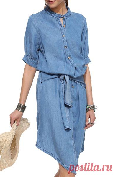 Button Fly Tie-Up Denim Half Sleeve Dress BLUE: Dresses 2015 | ZAFUL