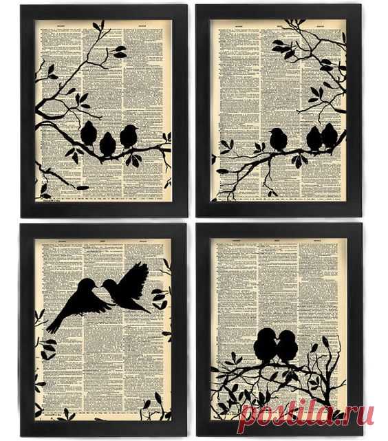 Love at First Sight, Love Birds, Birds, Bird art print set, dictionary Art, Book Art, wall Decor, Wall Art Mixed Media Collage: