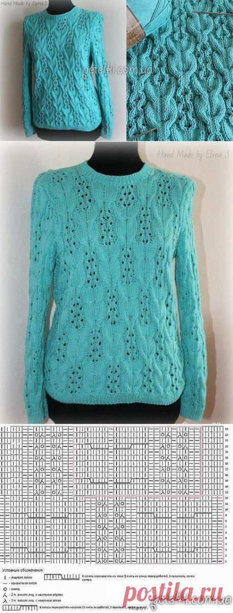 Бирюзовый пуловер интересным узором. Схема, выкройка