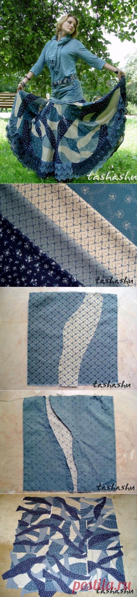 Создаём &quot;кривое&quot; лоскутное полотно и шьём «бохо» юбку из старых джинсов