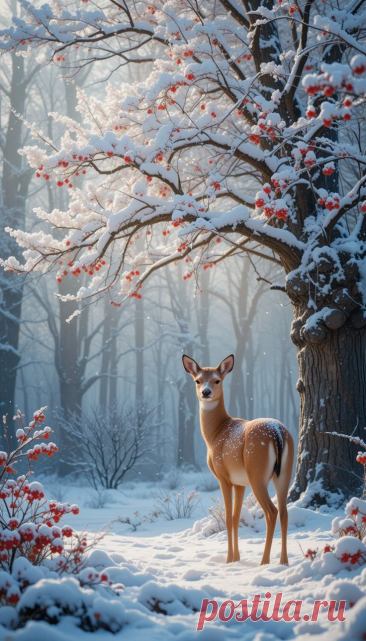 a deer standing in the snow next to a tree with red berries on it's branches