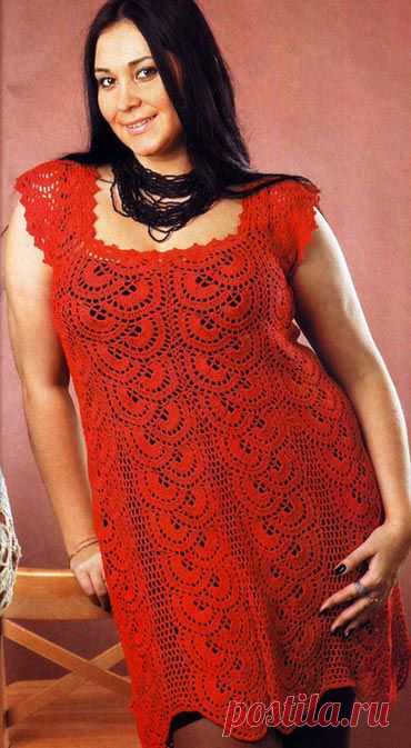 Красное ажурное платье. Летние модели для полных, связанные крючком