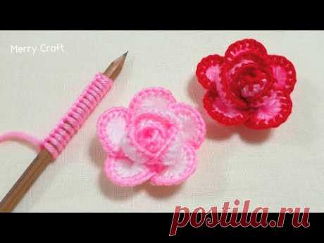 Amazing Rose Flower Making Idea with Pencil - Hand Embroidery Design Trick - DIY Woolen Flowers
