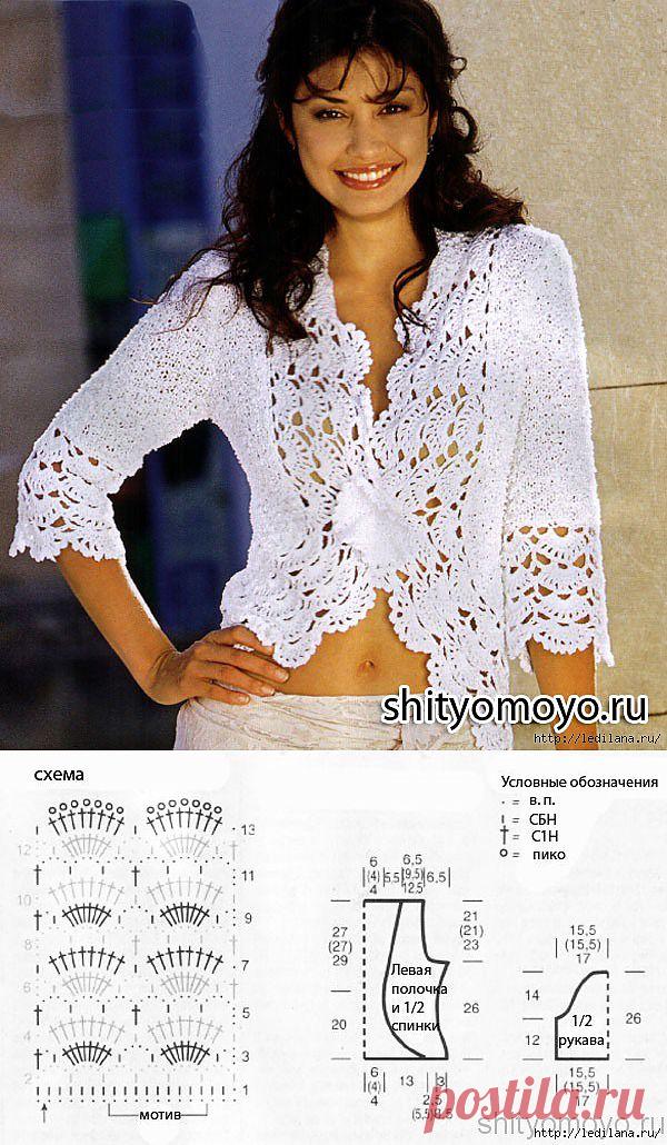 Белый жакет спицами.