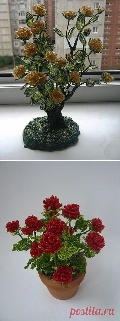 Розовый куст из бисера