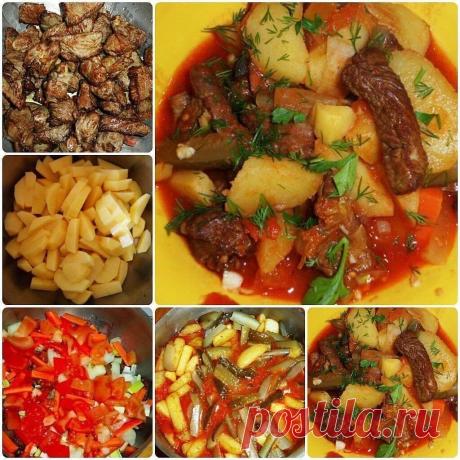 «Азу пo-татapcки»Очень вкуcнaя

Мясо (у меня говяжье) - 500 гр
Картошка - 700 гр
Лук - 2-3 шт
Морковь - 1-2 шт
Солёные огурцы- 2-3 шт
Томатный сок- 1 стакан, или 3 помидора, или томат - 2 ст.л
Соль, перец по вкусу.

Жарим мясо, нарезанное соломкой, на быстром огне, добавляем соль и перец, тушим в собственном соку, на медленном огне. Как только жидкость испарится, добавляем крупно нарезаный лук и жарим до золотистости. Добавляем томат, жарим 3-4 минуты. Наливаем 1 стака...