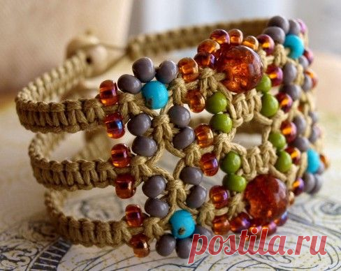 Wide beaded macrame bracelet