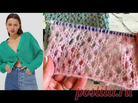 Классный ажурный (сетчатый) узор спицами поворотными рядами.