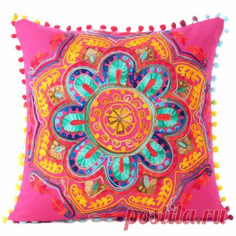 Almohada de tiro bohemio sofá bordado azul naranja colorido cojín funda de cojín - 16 "| Almohadas bordadas | Ojos de la India