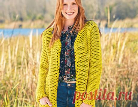Желтый кардиган с ажурным узором - схема вязания крючком. Вяжем Кардиганы на Verena.ru