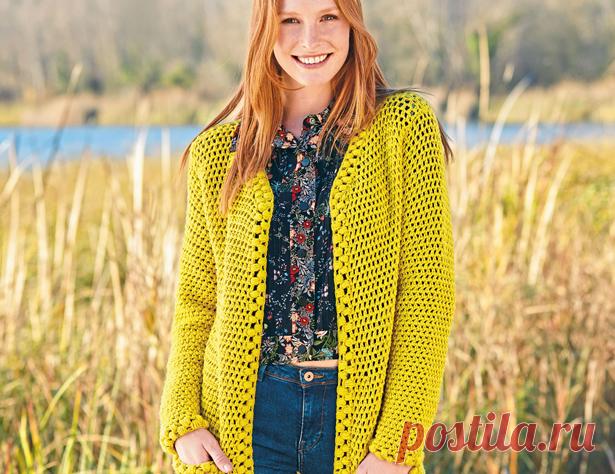 Желтый кардиган с ажурным узором - схема вязания крючком. Вяжем Кардиганы на Verena.ru
