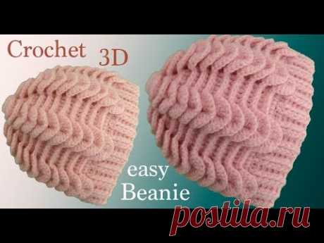 Gorro a Crochet punto trenzas 3D y punto elástico horizontal en relieves tejido tallermanualperu
