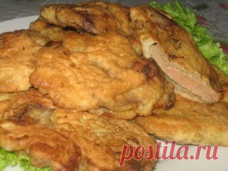 Печень в кляре

- 400г печени. Ее надо немного подморозить, чтобы можно было нарезать на тонкие (0,5 см) куски.

- 2-3 ст. ложки муки
Показать полностью…