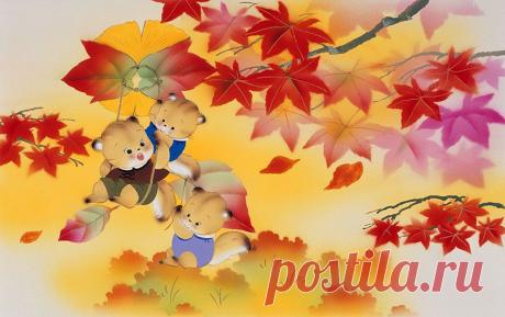 動物イラスト　紅葉、紅葉の落下傘に乗るリスの兄弟