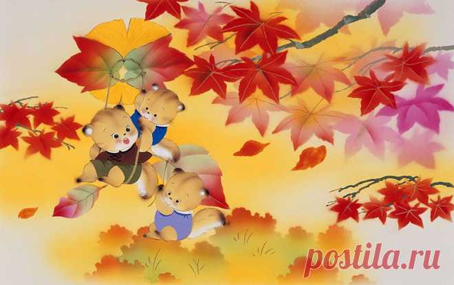 動物イラスト　紅葉、紅葉の落下傘に乗るリスの兄弟