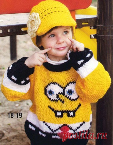 Свитер с рисунком «губка Боб» и кепка | ВЯЗАНИЕ спицами и крючком.