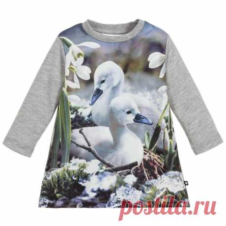Girls Cotton Duckling Dress Younger girls grey dress from Molo, with a beautiful duckling print on the front. The back and sleeves are made in soft and stretchy cotton jersey, with a silky satin front. 

