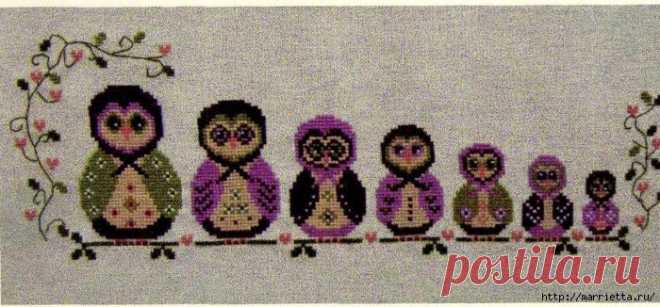 Матрешки-Совушки. Схема вышивки крестом