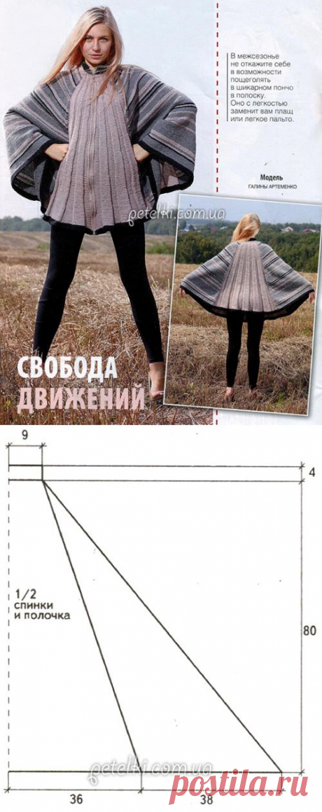 Интересное пончо на молнии, вязаное спицами. Описание, выкройка
