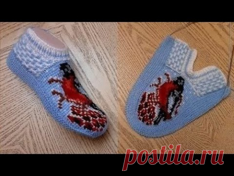 Новогодние тапочки следки на спицах + тунисское вязание без швов  // patik