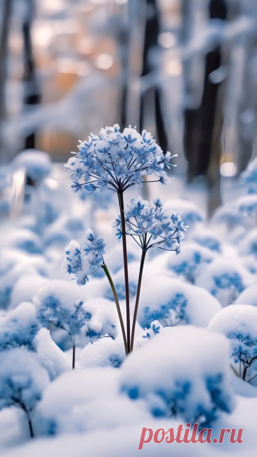 snow covered plants in the middle of a forest