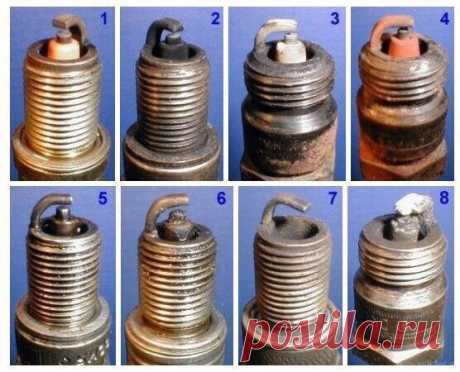 Диагностика работы двигателя по состоянию свечей. (Забираем себе на стену, пригодится) На фото №1 изображена свеча, вывернутая из двигателя работу которого можно считать отличной. Юбка центрального электрода имеет светло-коричневый цвет, нагар и отложения минимальны. Полное отсутствие следов масла. Владельцу данного мотора можно только позавидовать, и есть чему это экономичный расход топлива и отсутствие необходимости доливать масло от замены до замены. На фото №2 типичный пример свечи от…