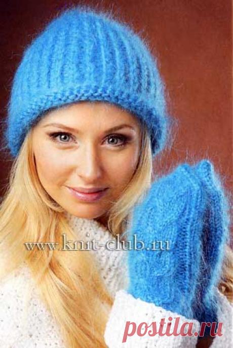 Шапочка и варежки из мохера. Вязание спицами