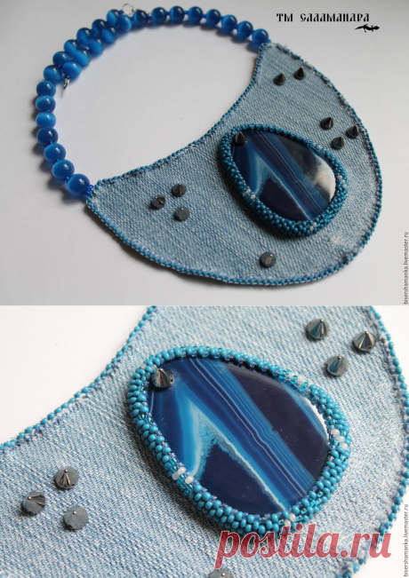 Купить Джинсовое колье &quot;Jeans Sky&quot; - голубой, джинсовый стиль, джинсовая ткань, джинсовые украшения