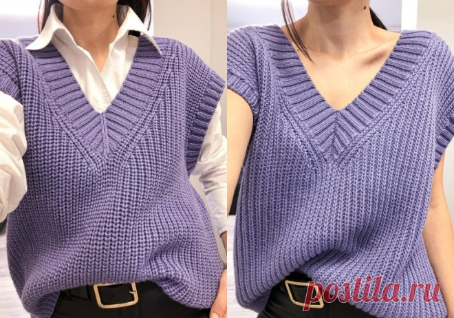 Трендовый двусторонний жилет спицами узором полупатентная резинка - Knitting.Klubok.ru.com