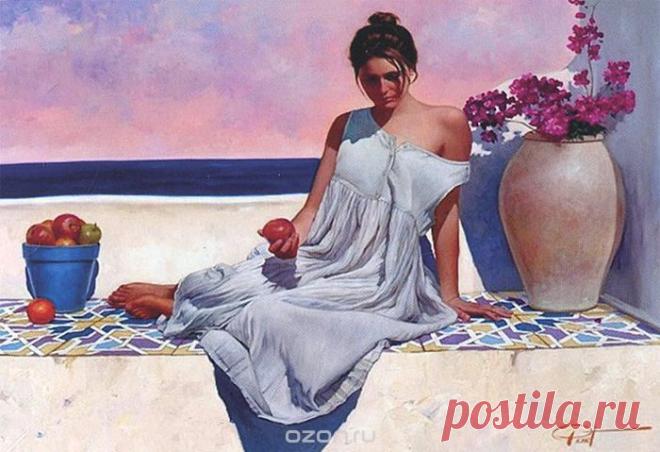 Трансфер универсальный "Девушка с яблоком", 25 см х 35 см. CD-958