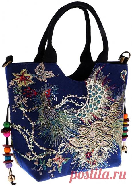 Amazon.com: Женские Сумки Ручной Работы Ретро Павлин Вышивка Сумка Сумка Через Плечо Сумка-Тоут-33 x 27 см - Темно-синий, как описано: Одежда